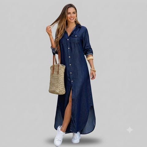 Vestido Jeans Longo Feminino Manga Comprida
