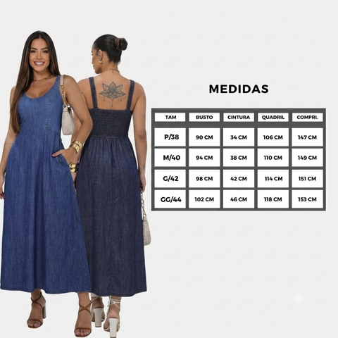 Vestido Jeans Midi Elegance de Alça, Bolsos e Elastico nas Costas