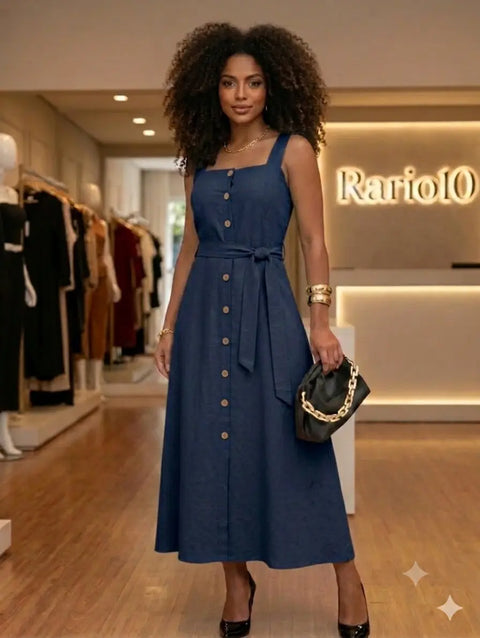 Vestido Mídi Longo Feminino Elegante com Cinto e Botões Frontais Rario10.com.br