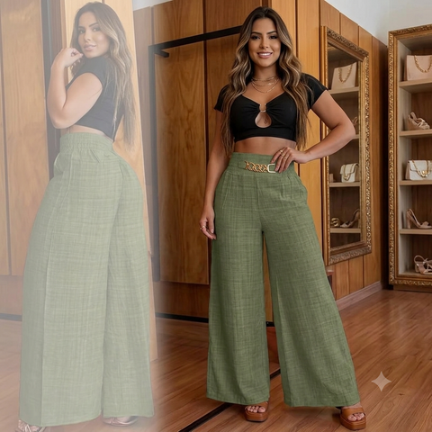 Calça Pantalona De Linho Com Cintura Alta e Bolsos Rario10.com.br