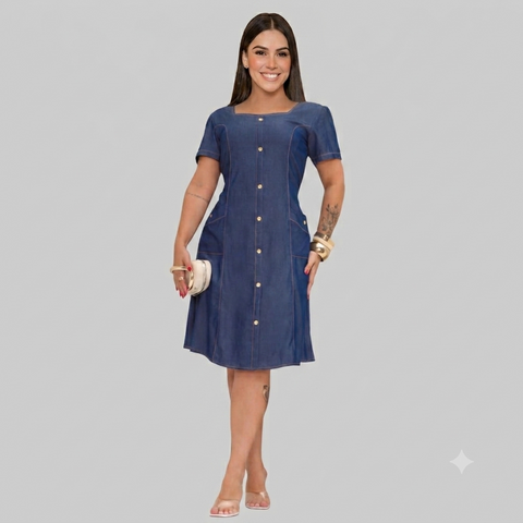 Vestido Midi Feminino Jeans Botões e Bolsos