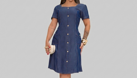 Vestido Midi Feminino Jeans Botões e Bolsos