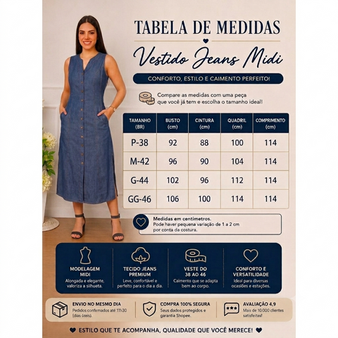 Vestido Midi Sem Mangas Jeans Com Bolsos Laterais e Botões Rario10.com.br
