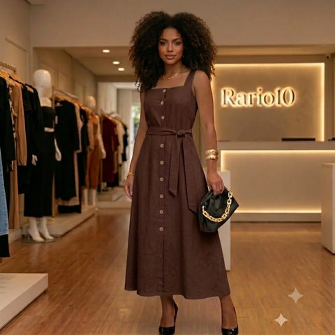 Vestido Mídi Longo Feminino Elegante com Cinto e Botões Frontais Rario10.com.br