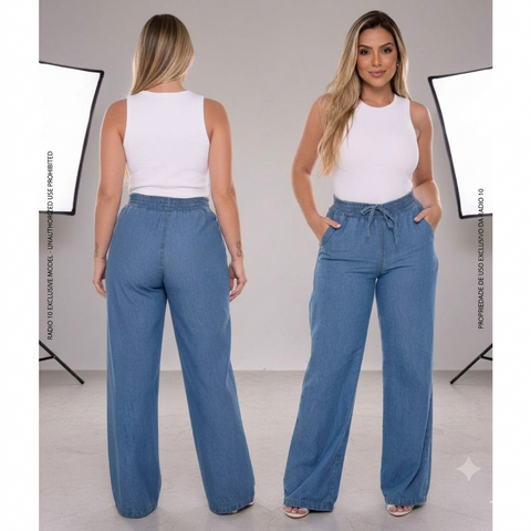 Calça Pantalona Wide Leg Jeans Feminina Cintura Alta Rario10.com.br