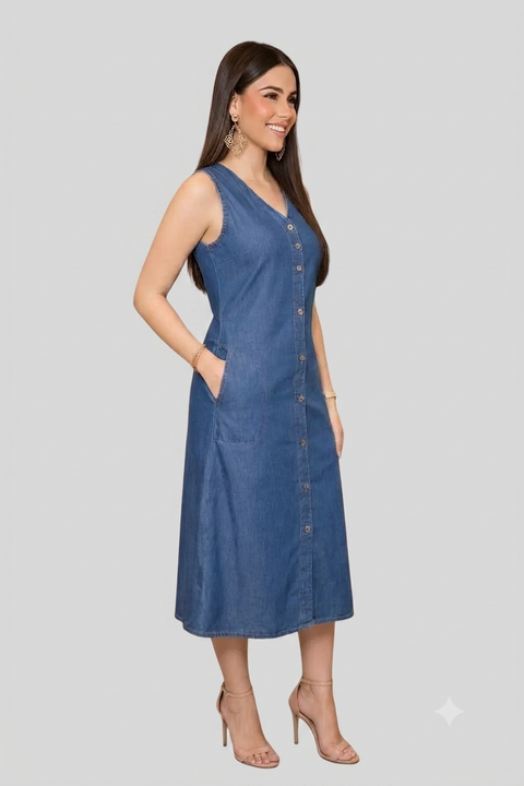 Vestido Midi Sem Mangas Jeans Com Bolsos Laterais e Botões