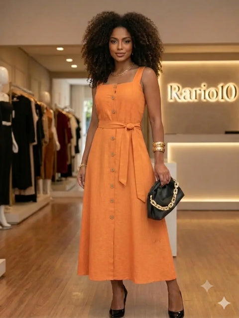 Vestido Mídi Longo Feminino Elegante com Cinto e Botões Frontais Rario10.com.br