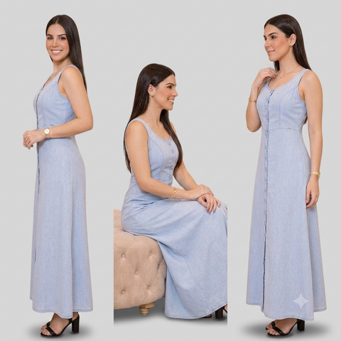 Vestido Feminino em Jeans Longo sem Mangas