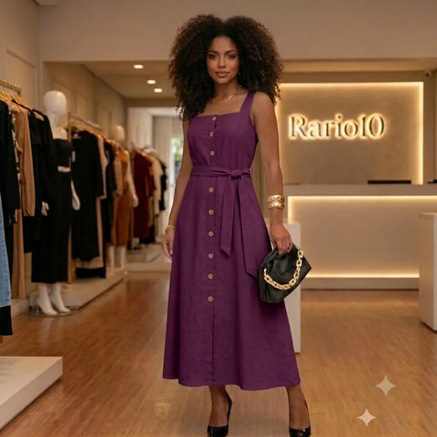Vestido Mídi Longo Feminino Elegante com Cinto e Botões Frontais Rario10.com.br
