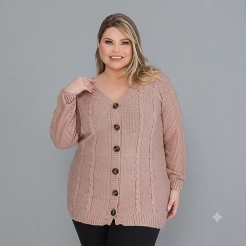 Casaco Plus Size em Tricô Trançado com Botões Rario10 – Elegância e Quentinho do 46 ao 50