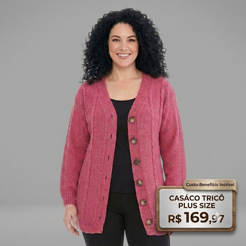 Casaco Plus Size em Tricô Trançado com Botões Rario10 – Elegância e Quentinho do 46 ao 50