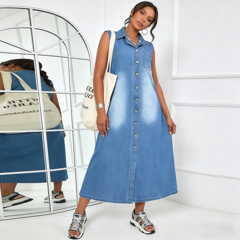 Vestido Longo Jeans Feminino Corte em A Estilo Y2K Streetwear Gola Dobrável Sem Mangas