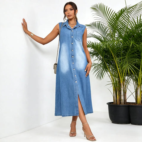 Vestido Longo Jeans Feminino Corte em A Estilo Y2K Streetwear Gola Dobrável Sem Mangas