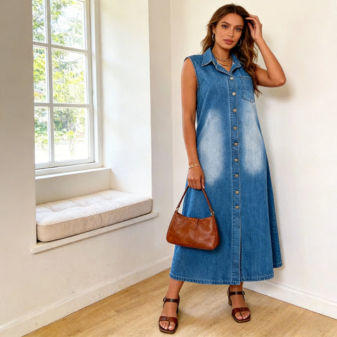 Vestido Longo Jeans Feminino Corte em A Estilo Y2K Streetwear Gola Dobrável Sem Mangas