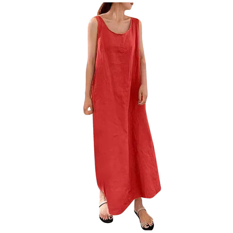 Vestido Feminino Cor Sólida em Algodão e Linho