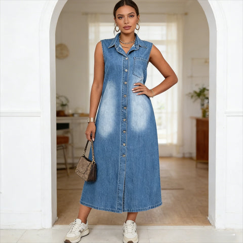 Vestido Longo Jeans Feminino Corte em A Estilo Y2K Streetwear Gola Dobrável Sem Mangas