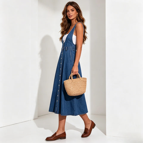 Vestido Jeans Feminino Midi Corte em A Estilo Y2K Streetwear Decote em V Sem Mangas