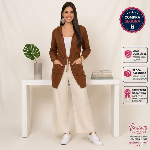 Cardigan Feminino Tricô com Capuz