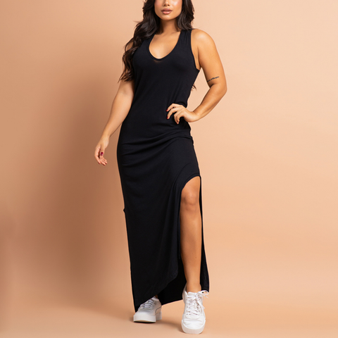 Vestido Longo Com Fenda Regata Liso Viscolycra