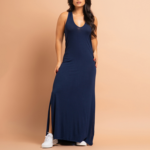 Vestido Longo Com Fenda Regata Liso Viscolycra