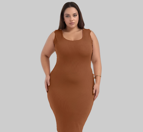 Vestido Plus Size Feminino Midi Canelado