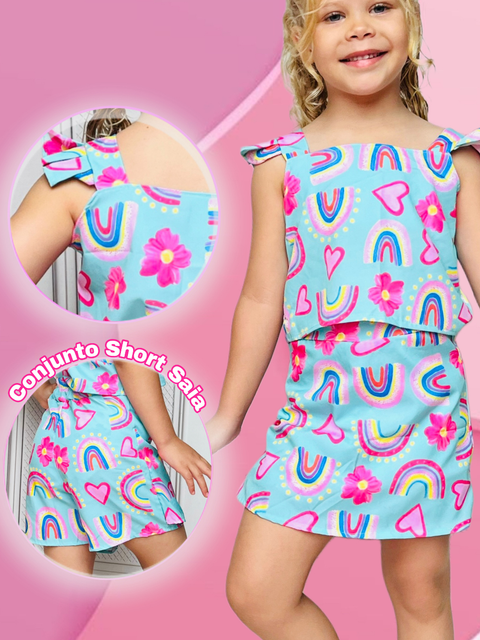 Conjunto Infantil Menina Verão Estampas Coloridas Laçamento Short e Blusa