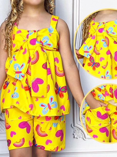 Conjunto Infantil Menina Verão Estampas Coloridas Laçamento Short e Blusa