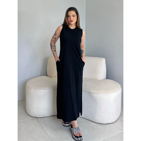 Vestidos Feminino Longo Com Bolso e Fenda nas Laterais