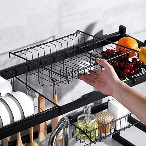 Cozinha Escorredor Rack Aço Inoxidável 65cm Ajustável Organizador Louça Preto Suspenso Modular Autossustentável Kitchen