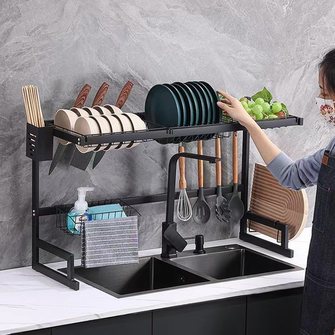 Cozinha Escorredor Rack Aço Inoxidável 65cm Ajustável Organizador Louça Preto Suspenso Modular Autossustentável Kitchen