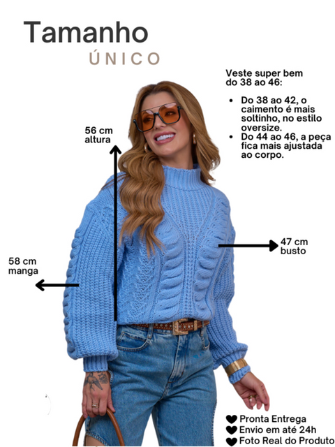 Blusa Tricô Feminina Lã Premium Gola Alta | Suéter Quentinho com Tranças | Veste 38 ao 46 Inverno