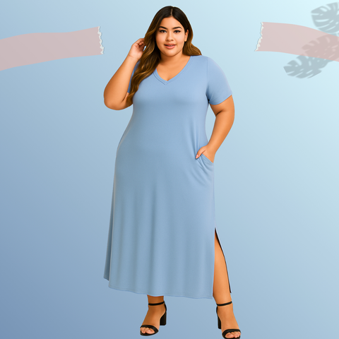 Vestido Longo Plus Size Feminino Liso Viscolycra Manga Curta