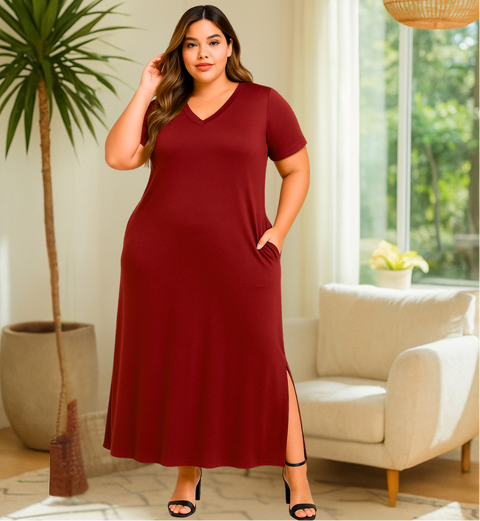 Vestido Longo Plus Size Feminino Liso Viscolycra Manga Curta