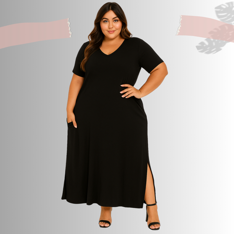 Vestido Longo Plus Size Feminino Liso Viscolycra Manga Curta