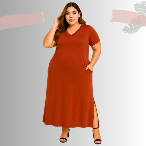 Vestido Longo Plus Size Feminino Liso Viscolycra Manga Curta