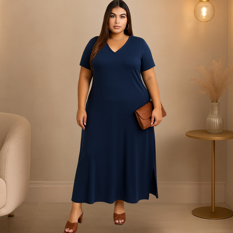 Vestido Longo Plus Size Feminino Liso Viscolycra Manga Curta