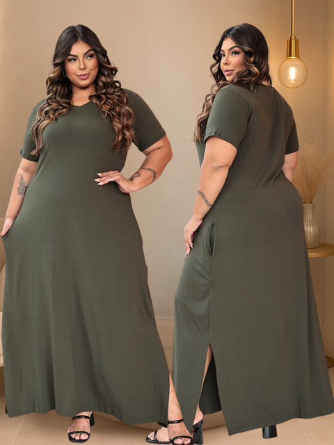 Vestido Longo Plus Size Feminino Liso Viscolycra Manga Curta Confortável Vestidos Evangélicos Plus