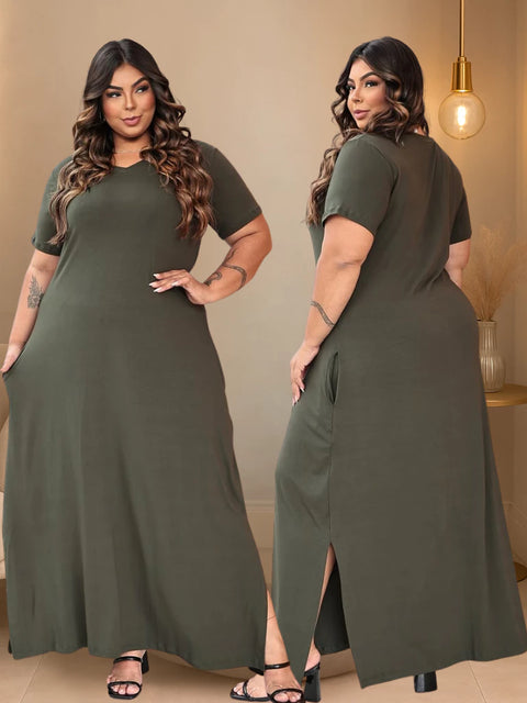 Vestido Longo Plus Size Feminino Liso Viscolycra Manga Curta