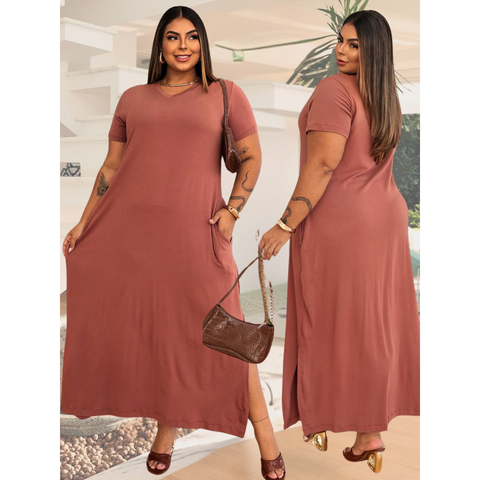 Vestido Longo Plus Size Feminino Liso Viscolycra Manga Curta