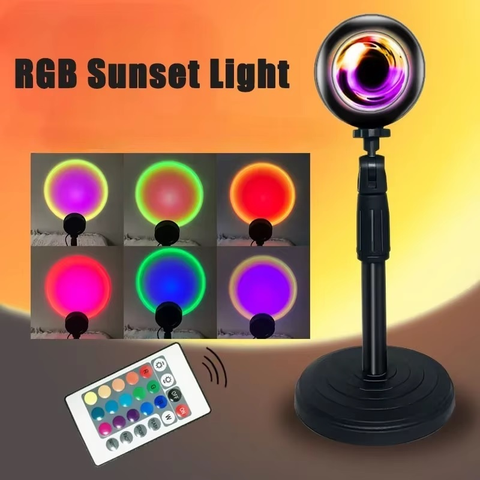 Luminária LED Sunset com Projeção RGB, 16 Cores, Controle Remoto, Base Circular