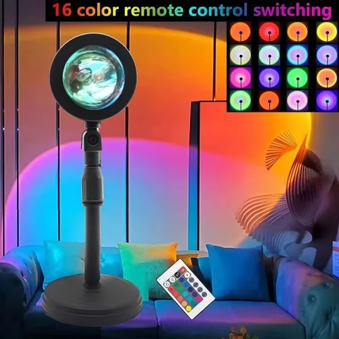 Luminária LED Sunset com Projeção RGB, 16 Cores, Controle Remoto, Base Circular