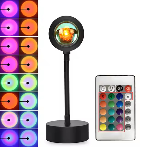 Luminária LED Sunset com Projeção RGB, 16 Cores, Controle Remoto, Base Circular