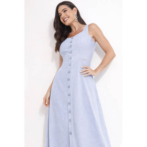 Vestido Longo Jeans Feminino Sem Mangas com Botões, elegante e leveza.