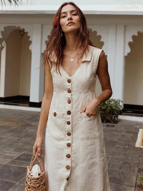 Vestido Midi de Linho com Botões Frontais