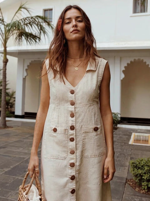 Vestido Midi de Linho com Botões Frontais