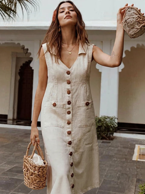 Vestido Midi de Linho com Botões Frontais