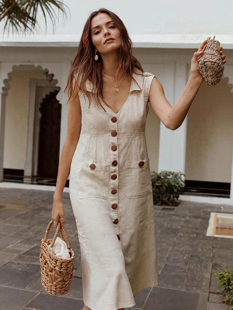 Vestido Midi de Linho com Botões Frontais