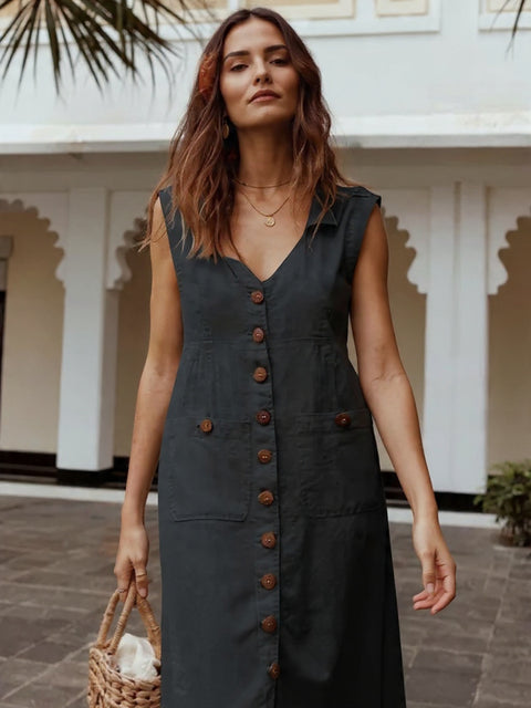 Vestido Midi de Linho com Botões Frontais
