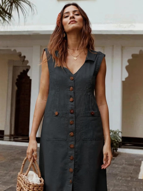 Vestido Midi de Linho com Botões Frontais