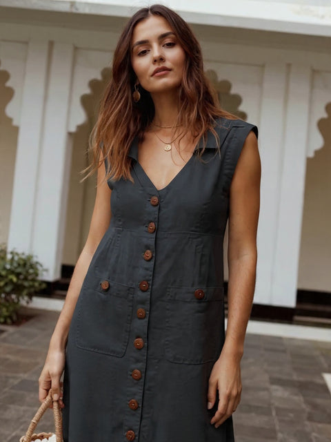 Vestido Midi de Linho com Botões Frontais